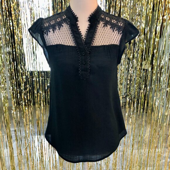 mine Tops - Blue Embroidered Blouse High Lace Collar V-neck Size Small Elegant Holidays